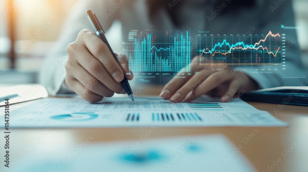 A person analyzing financial data while taking notes, with digital graphs and statistics overlaying printed charts. A person analyzing financial data while taking notes, with digital graphs and statistics overlaying printed charts.