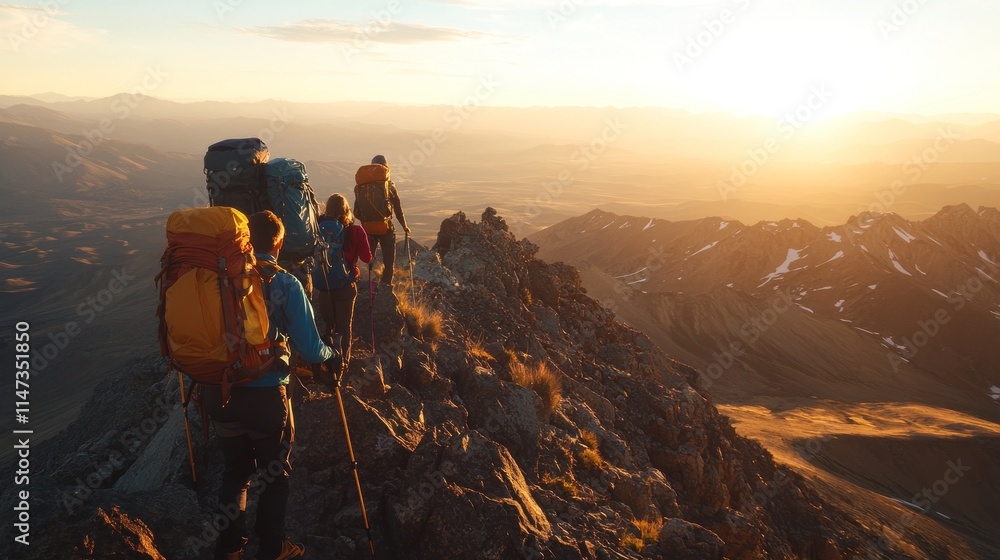 Fototapeta premium Hikers ascend mountain ridge at sunset.