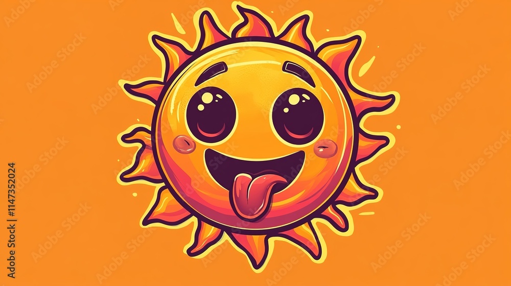 Goofy cartoon sun illustration with crossed eyes, a drooling tongue, and a crooked smile, featuring wavy orange and red rays in an irregular pattern and a tilted face for a playful, silly vibe. Goofy cartoon sun illustration with crossed eyes, a drooling tongue, and a crooked smile, featuring wavy orange and red rays in an irregular pattern and a tilted face for a playful, silly vibe.