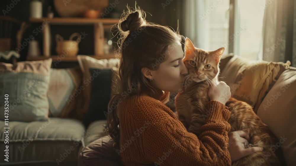 Woman cuddling orange tabby cat on cozy sofa. Woman cuddling orange tabby cat on cozy sofa.