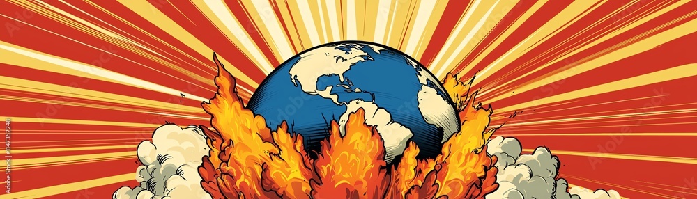 A stylized image of Earth engulfed in flames, with dynamic rays of light emanating from behind, depicting a dramatic and apocalyptic scene. A stylized image of Earth engulfed in flames, with dynamic rays of light emanating from behind, depicting a dramatic and apocalyptic scene.
