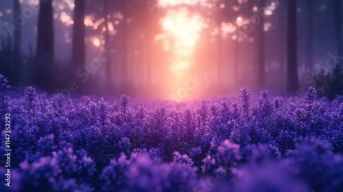 A serene forest scene at sunset, filled with vibrant purple flowers and soft light filtering through the trees.