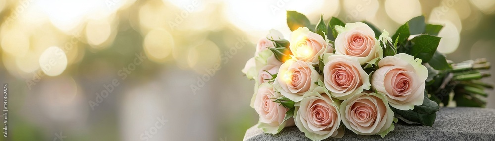 A delicate bouquet of pale pink roses rests gently on a surface, softly illuminated by warm sunlight, creating a serene and romantic atmosphere. A delicate bouquet of pale pink roses rests gently on a surface, softly illuminated by warm sunlight, creating a serene and romantic atmosphere.