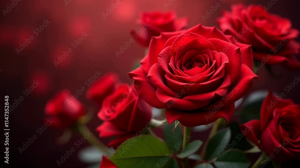 Red roses blooming with vibrant petals and lush green leaves against a soft red background, perfect footage for romantic, nature, or floral-themed video projects Red roses blooming with vibrant petals and lush green leaves against a soft red background, perfect footage for romantic, nature, or floral-themed video projects