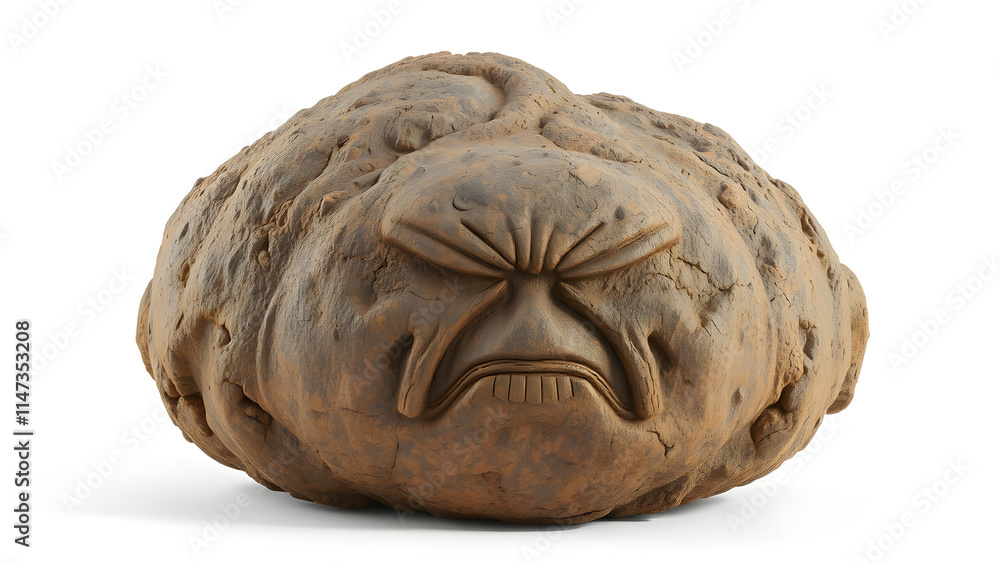 Obraz premium A volcanic rock with a carved frowning face on its porous surface, the textures and natural patterns vividly rendered, isolated on a white background, ultra-detailed in 8K