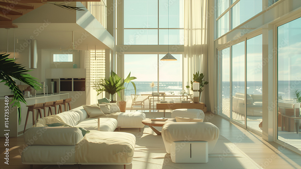 Fototapeta premium Beach Luxury House Interior, world architecture day, first Monday of October, Generative Ai