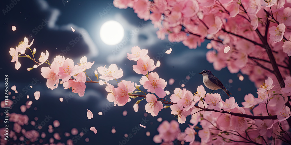 Serene Night Pink Cherry Blossoms Bird Moon Serene Night Pink Cherry Blossoms Bird Moon