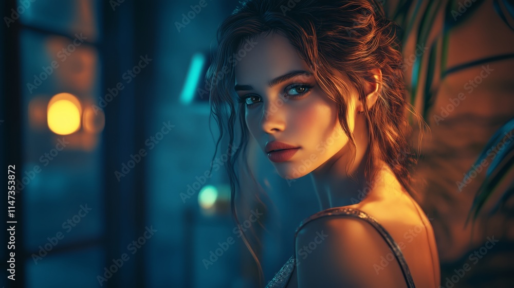 Romantic Glance of a Woman in Soft Bokeh Light - Made with Generative AI Romantic Glance of a Woman in Soft Bokeh Light - Made with Generative AI