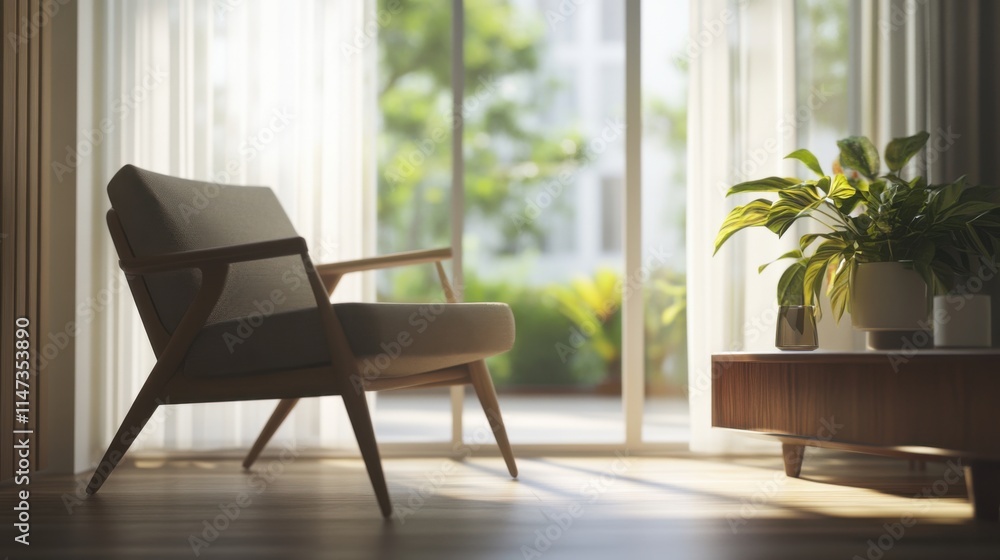 Fototapeta premium Minimalist living room with sleek, modern furnishings. Featuring clean lines and spacious layout