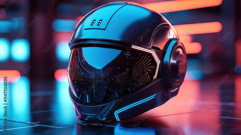 Futuristic reflective helmet displayed on a high-tech table in a neon environment futuristic concept design Futuristic reflective helmet displayed on a high-tech table in a neon environment futuristic concept design