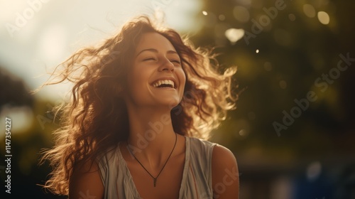 Golden Hour Glow: Carefree Woman Smiling - Made with Generative AI photo