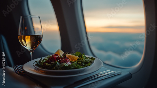 Dining at sunset while flying above the clouds with a refreshing salad and wine. 