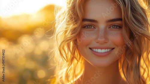 Close-Up Portrait of a Freckled Woman in Warm Sunlight - Made with Generative AI photo