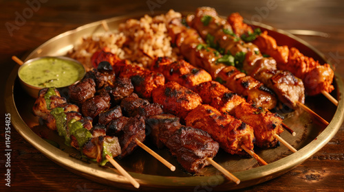 Delicious tandoori platter with skewered meats and rice