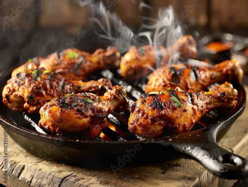 Wallpaper Mural Grilled tandoori chicken drumsticks sizzling on cast iron skillet Torontodigital.ca