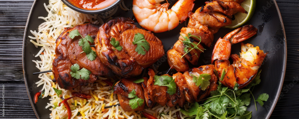 Delicious tandoori platter with shrimp, chicken, rice, and spices Delicious tandoori platter with shrimp, chicken, rice, and spices