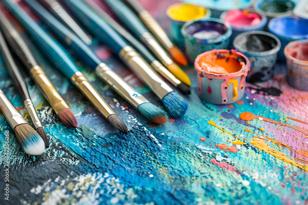 Fototapeta premium Artistic Expressions A Colorful Palette of Paint and Brushes Ready to Create