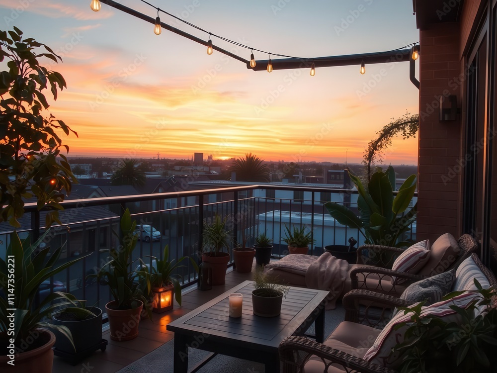 Fototapeta premium Cozy balcony adorned with warm lights, plants, and inviting seating, ideal for unwinding at sundown, relaxation, serenity, warm lights