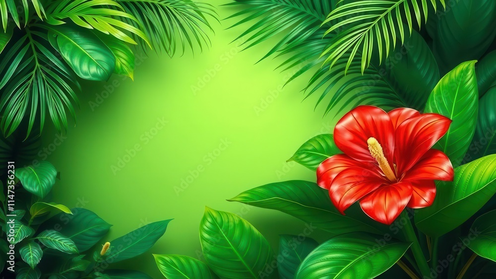 Naklejka premium Tropical greenery with monstera and palm leaves creating a lush and vibrant jungle backdrop, monstera, vibrant, plant