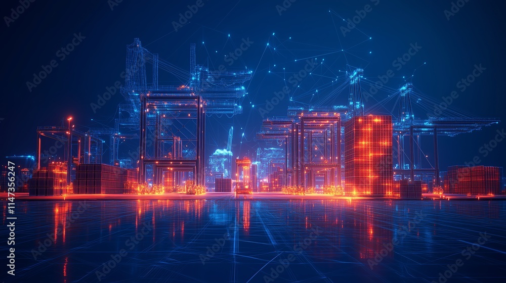 Naklejka premium Low Poly Wireframe Port Storage Facility with Detailed Cargo Containers, Cranes, and Shipping Docks, on Dark Blue Background, Highlighting Global Logistics and Trade in a Modern Digital Environment