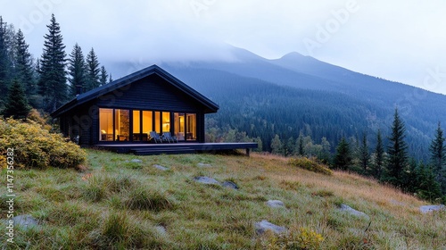 Modern black cabin on mountainside at dusk.