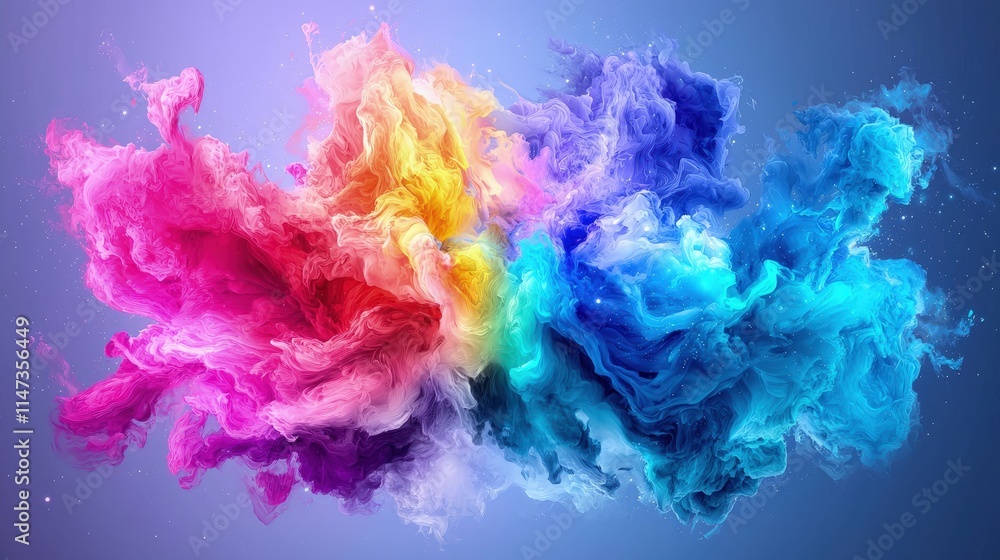 Fototapeta premium A vibrant multicolored ink cloud floats dynamically against a soft blue and purple gradient background.