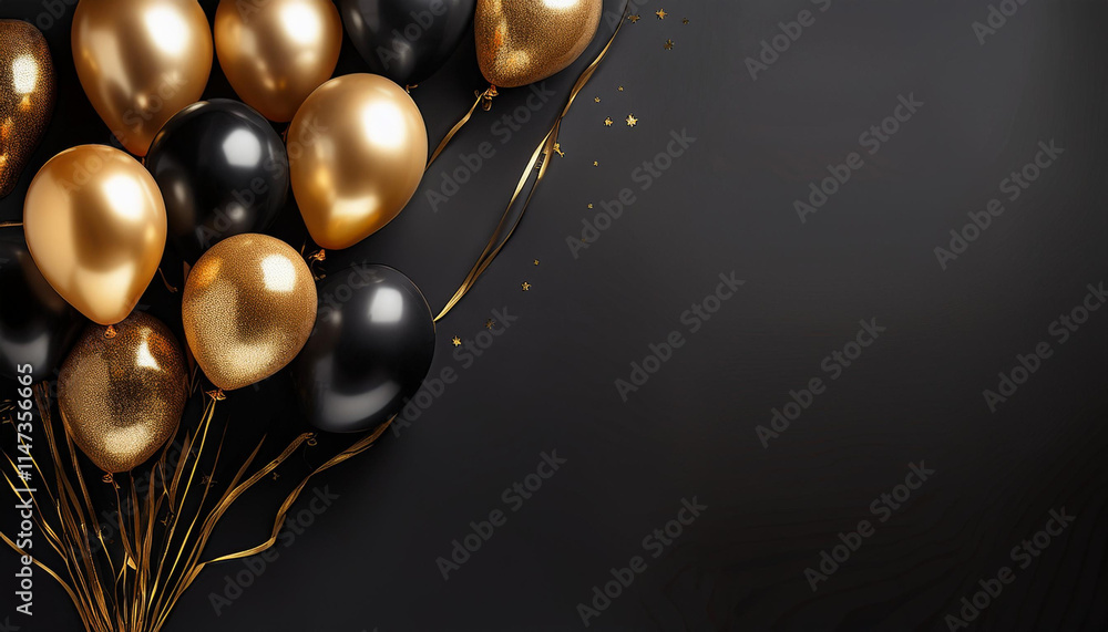 minimalistic arrangement of black and gold balloons with metallic streamers cascading elegantly against dark background, perfect for celebrations minimalistic arrangement of black and gold balloons with metallic streamers cascading elegantly against dark background, perfect for celebrations