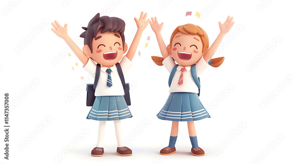 Cheerful cartoon children celebrating success with joyful expressions and raised hands, wearing school uniforms, surrounded by colorful confetti in a bright environment Cheerful cartoon children celebrating success with joyful expressions and raised hands, wearing school uniforms, surrounded by colorful confetti in a bright environment