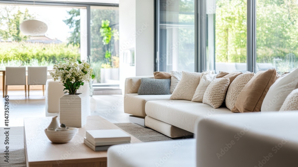 Minimalist living room with white and beige furniture. Featuring a clean, bright layout with minimal decoration Minimalist living room with white and beige furniture. Featuring a clean, bright layout with minimal decoration