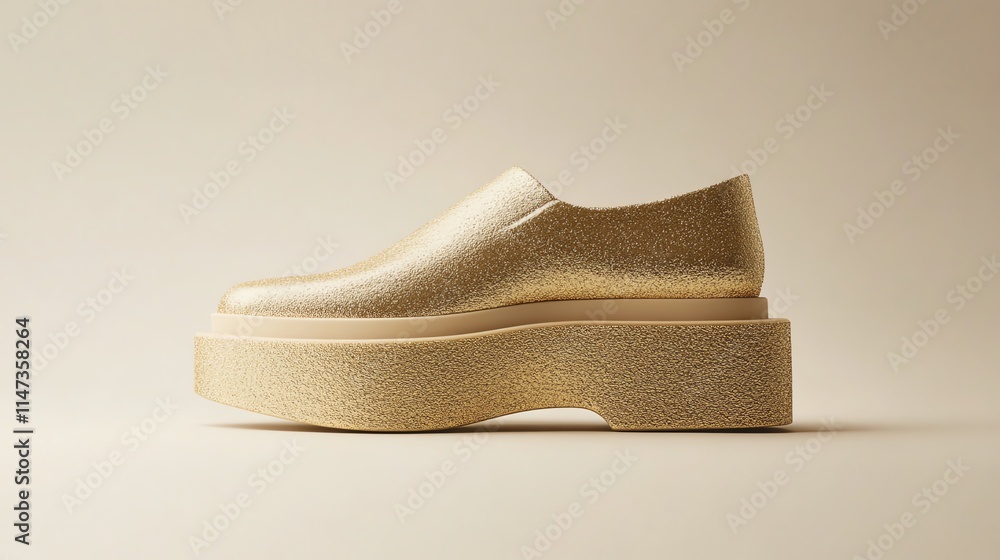 Stylish gold platform shoes on a soft background, perfect for fashion and modern footwear themes. Stylish gold platform shoes on a soft background, perfect for fashion and modern footwear themes.