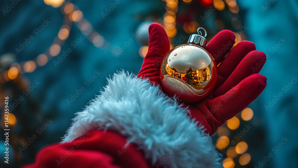 Naklejka premium Santa's gloved hand close-up, festive, holding golden ornament, decorated Christmas tree background