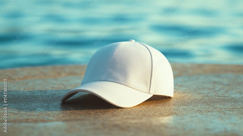 Elegant White Cap on Textured Surface with Dappled Light. Generative AI Elegant White Cap on Textured Surface with Dappled Light. Generative AI