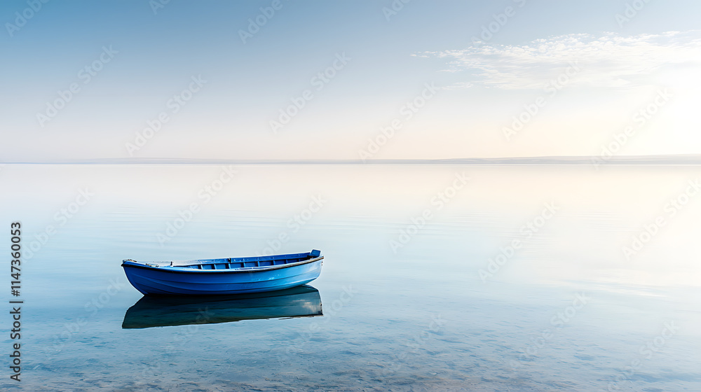 Blue Monday in workplace, office and lifestyle concept. Serene blue boat floating on calm water under a clear sky.