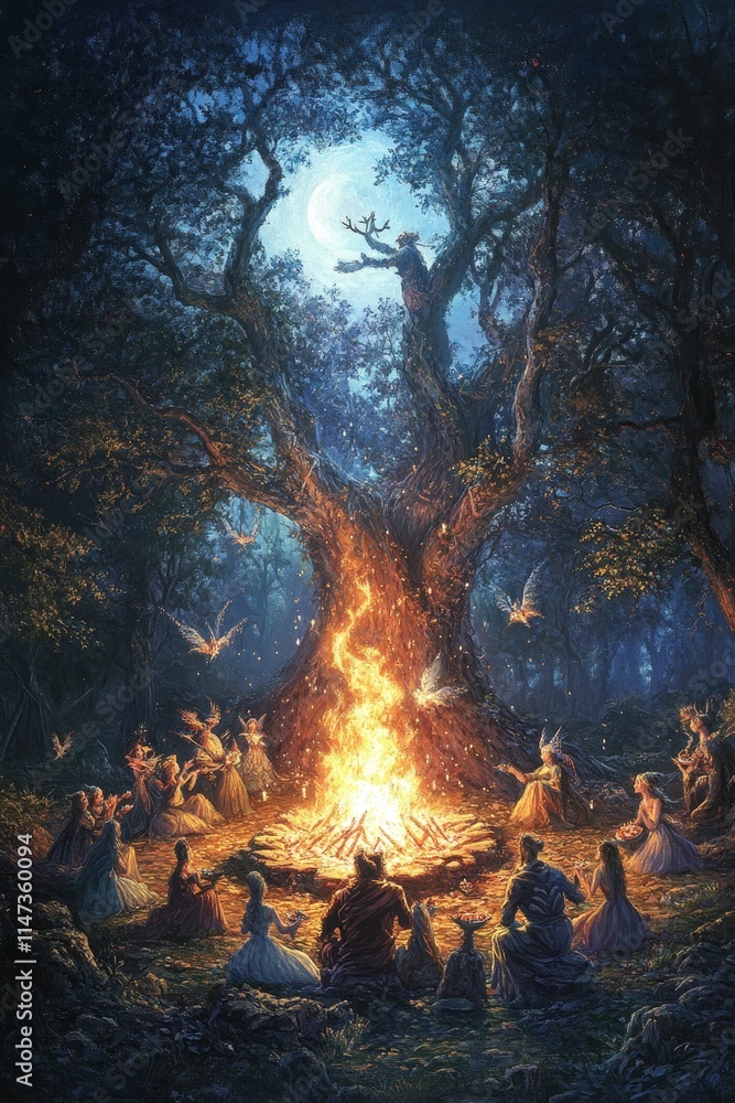 Nighttime woodland gathering, bonfire, figures, moonlit trees. Nighttime woodland gathering, bonfire, figures, moonlit trees.
