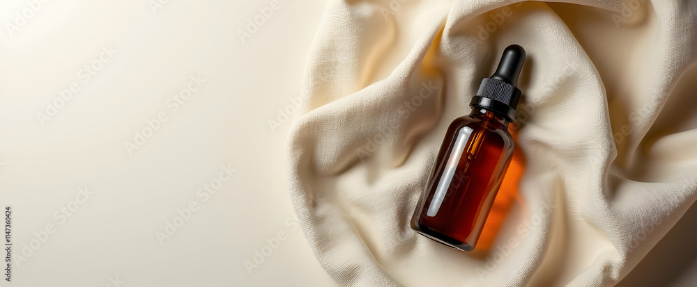 Amber glass bottle of serum rests on creamy, textured fabric. A minimalist beauty product shot, perfect for skincare ads. Amber glass bottle of serum rests on creamy, textured fabric. A minimalist beauty product shot, perfect for skincare ads.