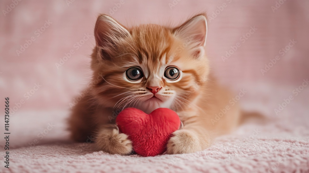 Adorable ginger kitten holding a red heart on a soft pink background Adorable ginger kitten holding a red heart on a soft pink background