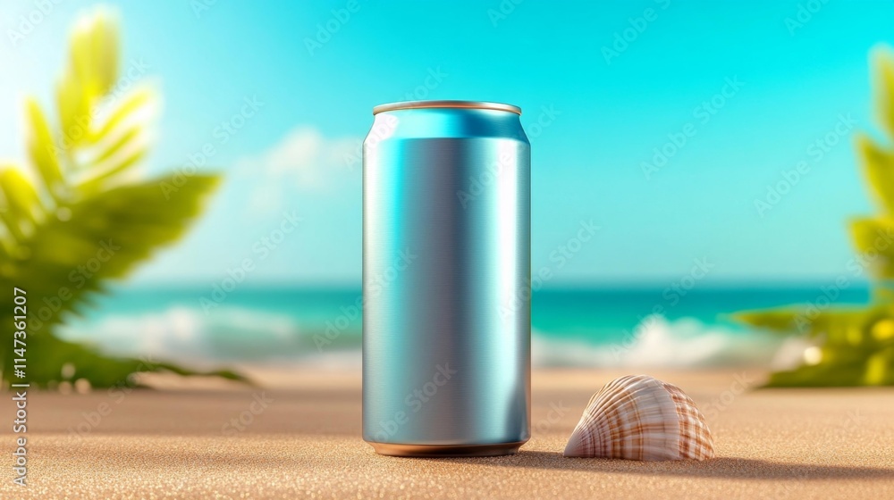 Aluminum Drink Can Mockup on a Sandy Beach. Generative AI Aluminum Drink Can Mockup on a Sandy Beach. Generative AI