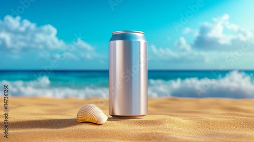 Aluminum Drink Can Mockup on Sandy Beach. Generative AI photo