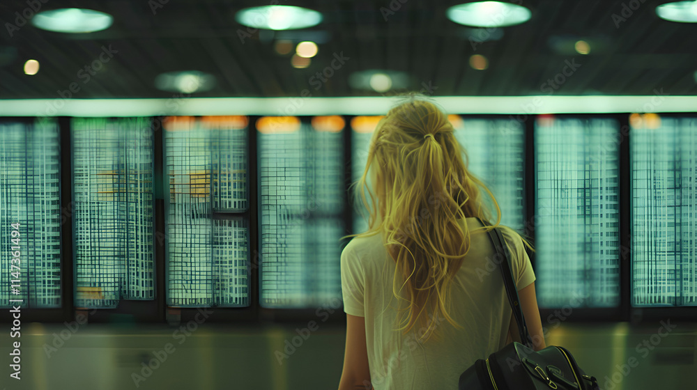 Travelers lost in thought at the train station, Woman Checking Flight Departures at Airport, Female traveler checking flight departures board, Generative Ai Travelers lost in thought at the train station, Woman Checking Flight Departures at Airport, Female traveler checking flight departures board, Generative Ai