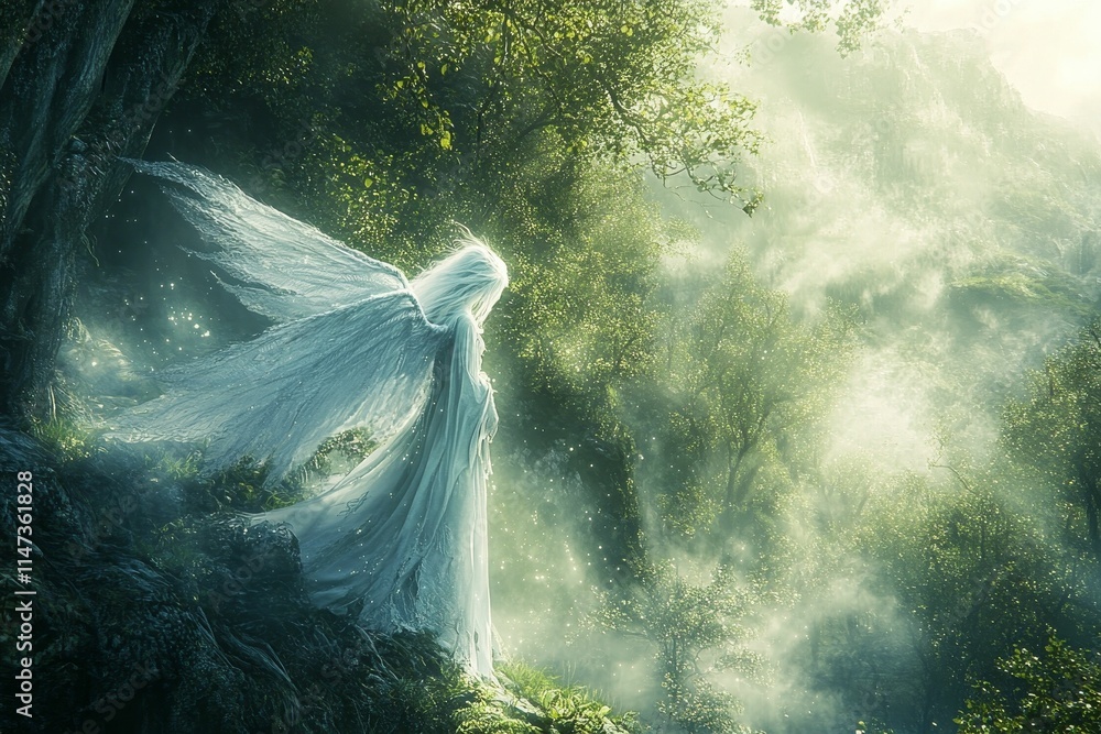 Winged figure, flowing robe, mystical forest, ethereal light. Winged figure, flowing robe, mystical forest, ethereal light.