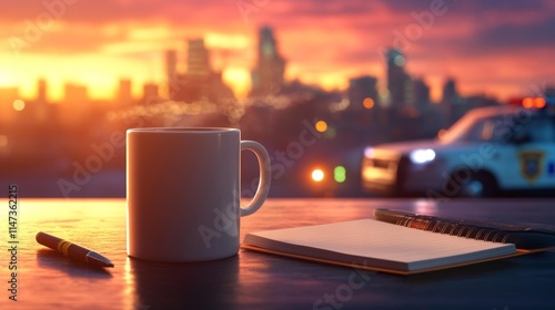 Coffee Mug and Notebook with Patrol Car at Sunset. Generative AI photo