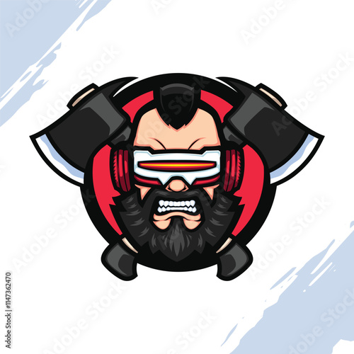 The Angry Mohawk Guy Cyberpunk Head with Crossed Axe Vector Mascot