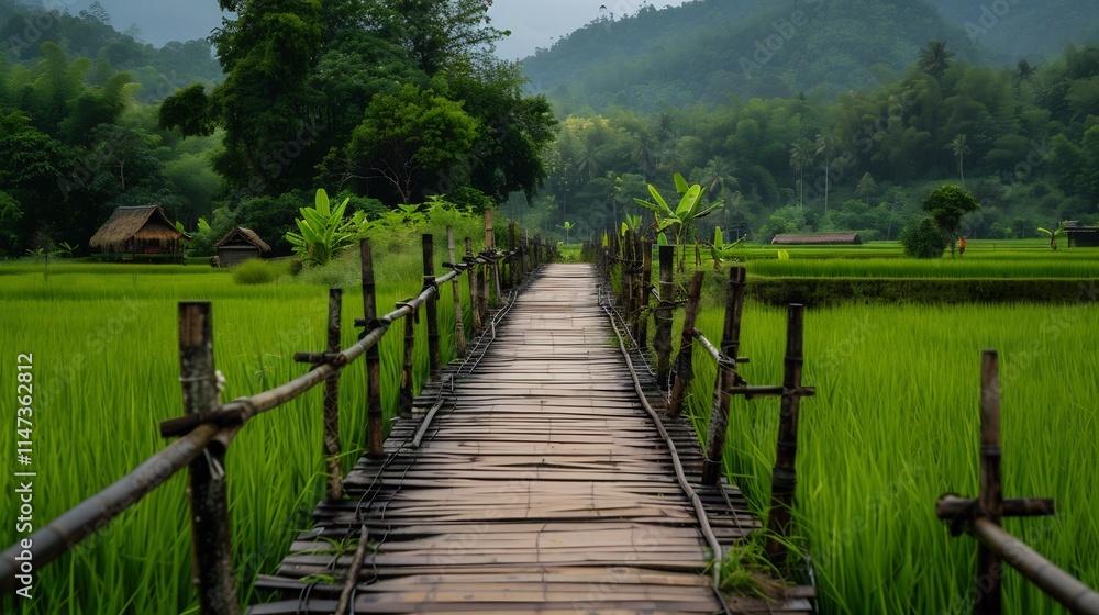 Fototapeta premium Serene Bamboo Bridge Across Lush Rice Paddies