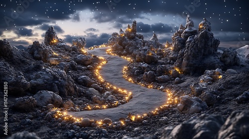 Illuminated Path Winding Through Snowy Peaks Under a Starry Night Sky AI Generated photo