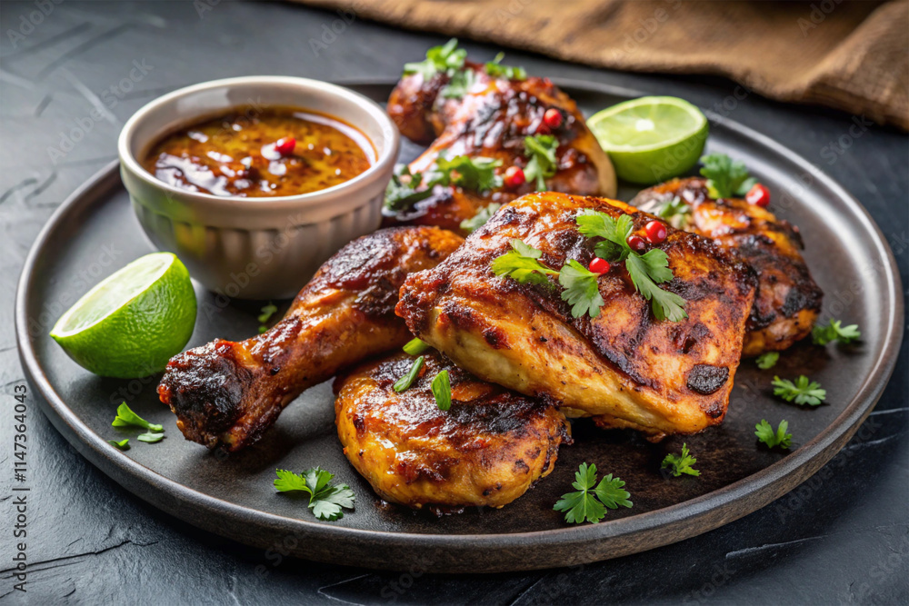 Grilled spicy chicken wings with ketchup on a black plate on a dark slate Grilled spicy chicken wings with ketchup on a black plate on a dark slate