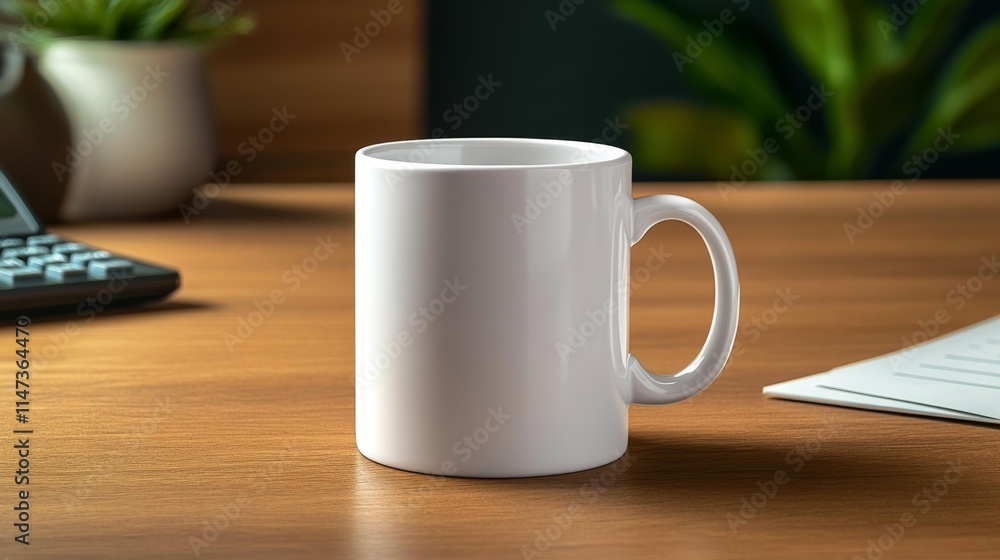 White Ceramic Mug Mockup on Wooden Office Desk. Generative AI White Ceramic Mug Mockup on Wooden Office Desk. Generative AI