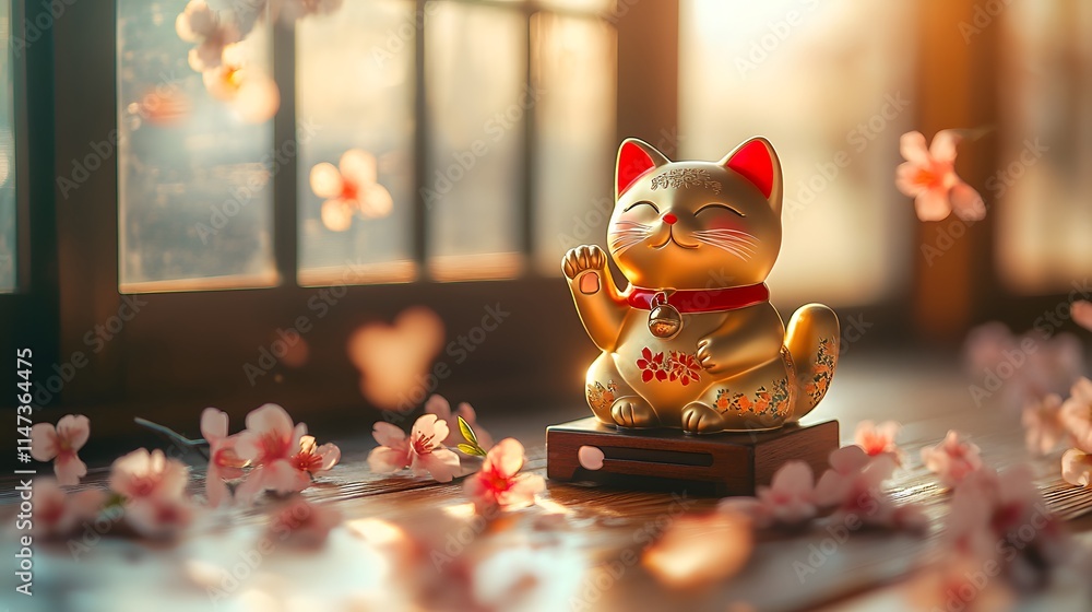 Golden Lucky Cat Figurine with Cherry Blossoms in Traditional Japanese Setting Golden Lucky Cat Figurine with Cherry Blossoms in Traditional Japanese Setting