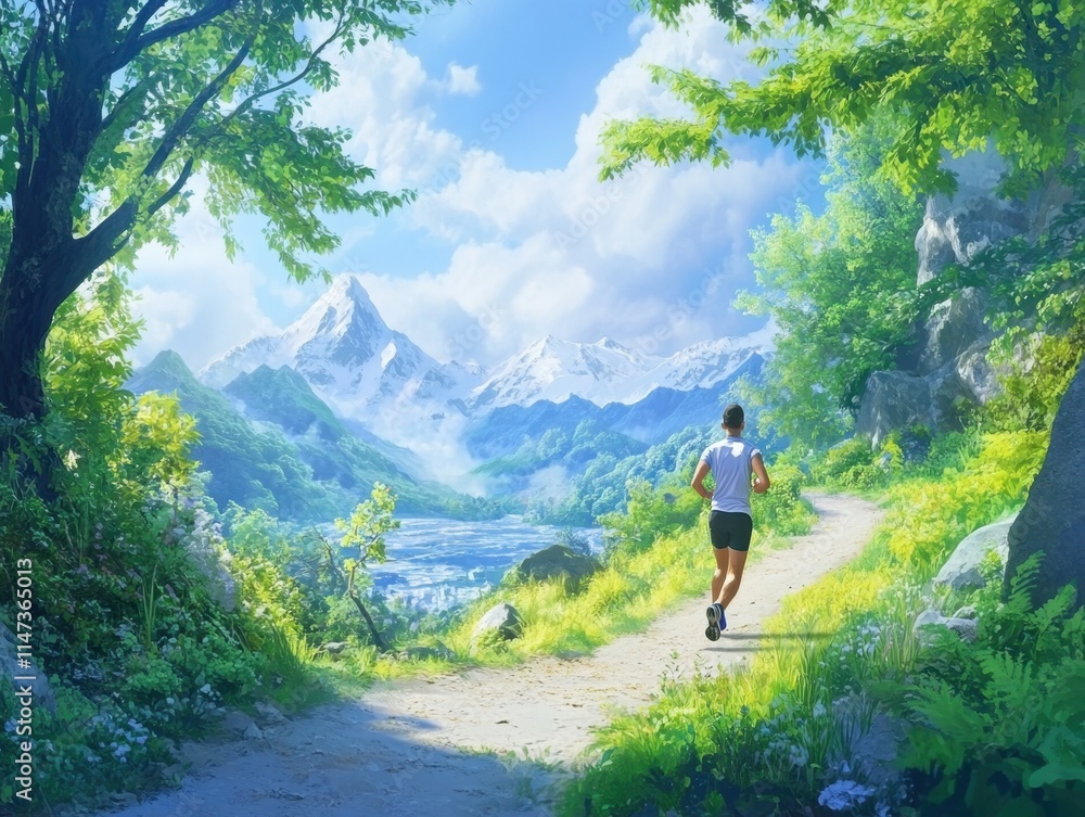 Runner on scenic trail with mountain view. Runner on scenic trail with mountain view.