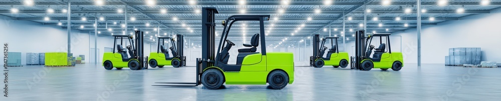EV forklift fleet parked inside a brightly lit, eco-friendly warehouse EV forklift fleet parked inside a brightly lit, eco-friendly warehouse
