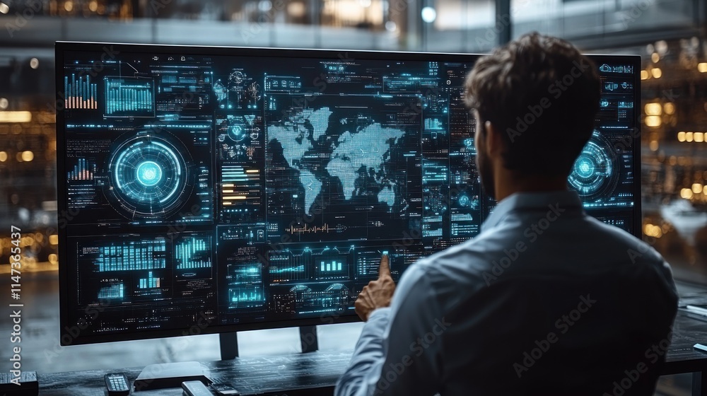 Man using futuristic touchscreen interface showing global data. Man using futuristic touchscreen interface showing global data.